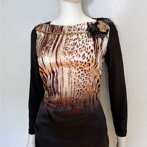 NWT POLEN POE 2PC‎ SET SKIRT/BLOUSE SATIN BLACK ANIMAL PRINT 3/4 SLEEVES - Picture 6 of 11